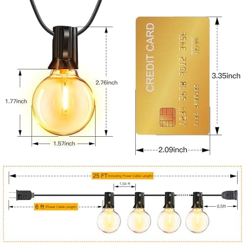 Ollny 25FT Outdoor String Lights, Waterproof Connectable Shatterproof Outside Light with 13 Edison + 1 Spare LED Bulbs Plug in, Patio Lights for Indoor Balcony Porch Camping Deck