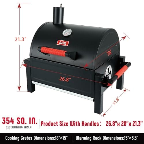 Portable Charcoal BBQ Grills with Cast Iron Grates, Tabletop Charcoal Grills with 354 Sq. In Cooking Area, for Outdoor Camping and Picnic, Black, L26.8’’x W20’’x H21.3’’