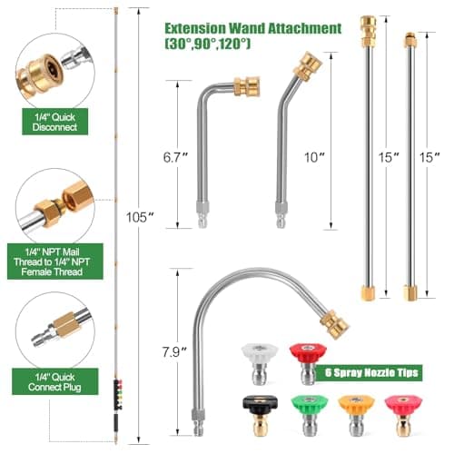 Gutter Cleaning Tools From the Ground, 10 Pack 9 FT Pressure Washer Extension Wand, Power Washer Lance With 6 Pressure Washer Spray Nozzle Tips, 30°, 90°, 120° Gutter Cleaner Curved Rod, 4000 PSI