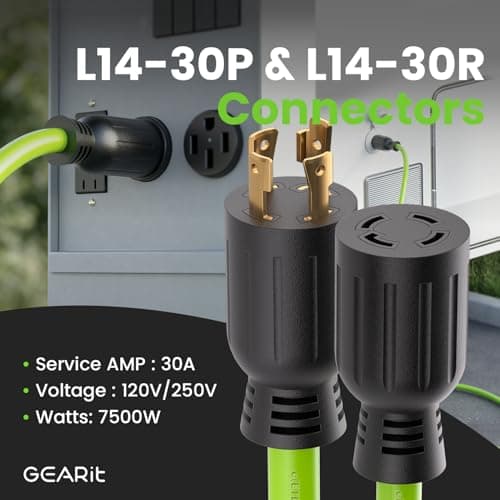GEARit 30-Amp Generator Extension Cord, 120/250-Volt, 4-Prong, 7500W, NEMA L14-30P/L L14-30R, 10 Gauge SJTW Locking Power Cord for Manual Transfer Switch, Portable Generator, Power Outage, 6 Ft, Green