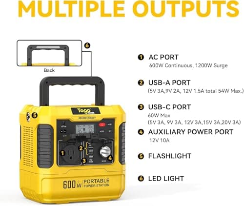 Togo POWER Portable Power Station ADVANCE600-560Wh LiFePO4 Battery 600W AC Outlet (Peak 1200W) - 0-80% in 60 Mins - Power Backup Outdoor Solar Generator for Camping, RV Trip, Outage