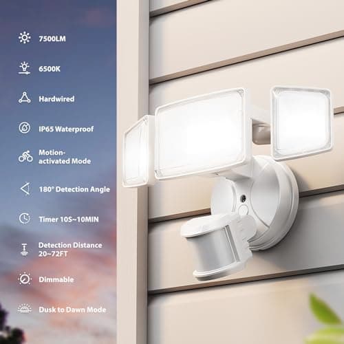 Onforu 75W LED Motion Sensor Outdoor Lights, Dusk to Dawn Flood Lights Outdoor Motion Sensor, Hardwired Security Lights Floodlights Outside 7500LM 6500K Daylight IP65 Waterproof (White)