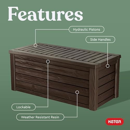 Keter Outdoor Storage Deck Box, 150 Gallon Resin Patio Bin & Bench, Wood Grain, Brown