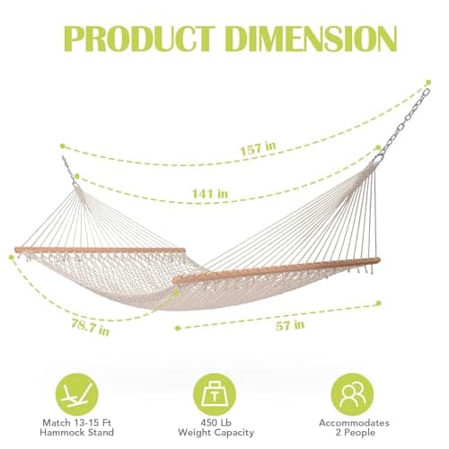 Lazy Daze Hammocks 12FT Double Rope Hammocks, 2 Person Hand Woven Cotton Hammock with Spreader Bar for Outdoor, Indoor, Patio, Poolside, FIT 13-15 Foot Stand, Max 450 Lbs, Natural, 141 x 57 inches