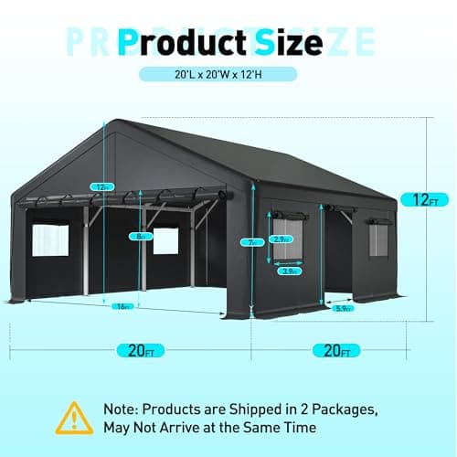 Bepatio Carport, 2 Car 20 x 20 Heavy Duty Metal Carport, Extra Large Car Port with Side-Opening Doors & Roll-Up Windows, All Weather Outdoor Portable Garage