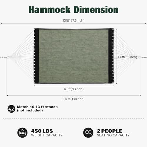 Patio Watcher 13 FT Quick Dry Olefin Hammock - Outdoor Double Hammock with Metal Curved Spreader Bars - 450 lbs Capacity - Dark Green