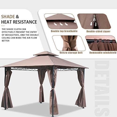 10'x10' Outdoor Patio Gazebo Heavy Duty Steel Frame Canopy with Double Roof, Privacy Curtains, for Garden, Backyard, and Lawn (Brown)