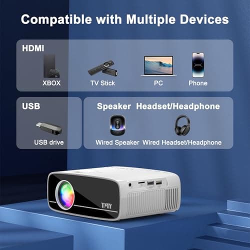 TMY Projector with WiFi and Bluetooth, Native 1080P Mini Projector, Portable Projector wirh 50% Zoom, Compatible with TV Stick/Phone/PC/DVD/HDMI/USB/TF, Movie Projector for Home Bedroom
