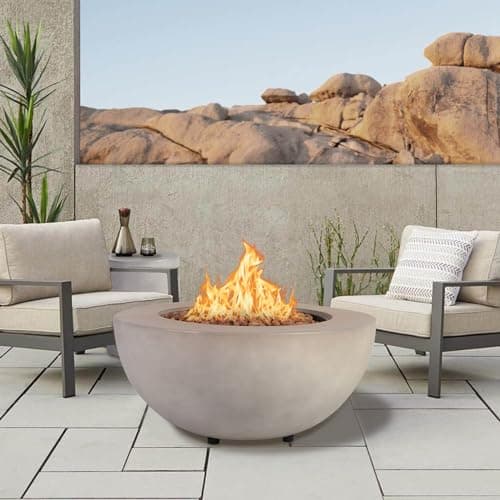 Outdoor Propane Fire Pit Table - 31.5 Inch Concrete Round Fire Table Bowl 50,000 BTU Gas FirePit Burner with Steel Lid, Lava Rocks, Rain Cover for Outside Patio, Backyard, Party