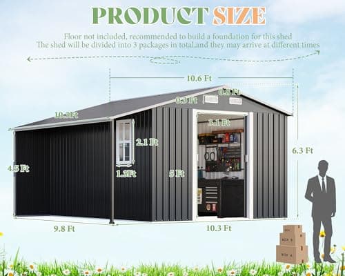 AMERLIFE 10.6x10.3x6.3 FT Outdoor Storage Shed with Sliding Doors Two 4-Pane Windows, Open Outdoor Shed for Wood Storage, Dark Grey/White