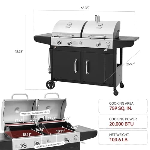 Royal Gourmet ZH3002N Propane Gas and Charcoal Grill Combo, Dual Fuel BBQ Grill with 2 Side Shelves for Outdoor Patio Garden Backyard Barbecue, 20,000 BTUs, Silver & Black
