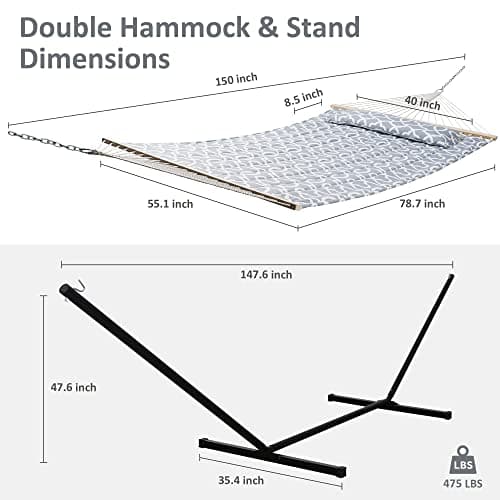SUNCREAT 55 Inch Extra Large Double Hammock with Stand, 475lbs Capacity, Outdoor Portable Hammock with Hardwood Spreader Bar, Extra Large Pillow, Grey
