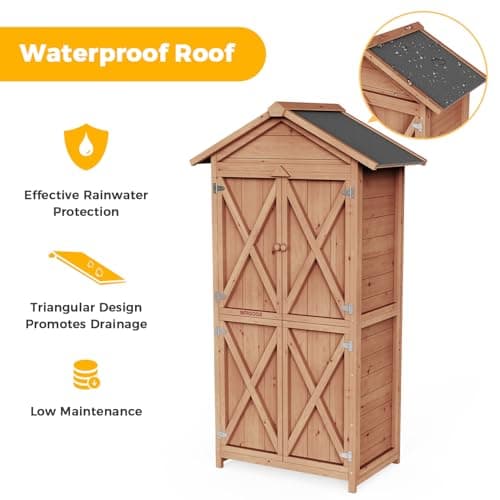 66" Outdoor Storage Shed with Double Doors, Large Wooden Capacity Storage Tool Cabinet Box with Waterproof Roof, Garden Wood Tool Shed for Yard Deck Lawn Farmland (Cherry)