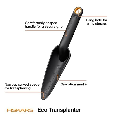 Fiskars Eco Transplanter with Narrow Curved Spade, Depth Markings, Ergonomic Handle, UV Resistance, Ideal for Seedlings and Small Plants