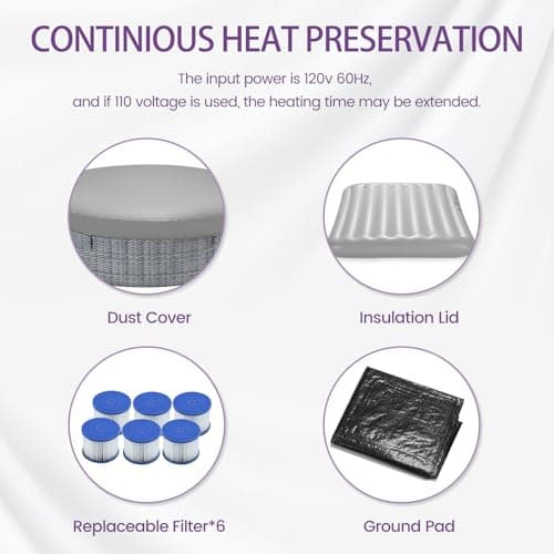 82" Inflatable Hot Tub for 4-6 People, Portable Outdoor Spa with 130 Soothing Bubble Jets, Smart Heating up to 104°F, with Insulated Cover, 6 Filters, PE Floor Mat, 110-120V Input (Laminated PVC)