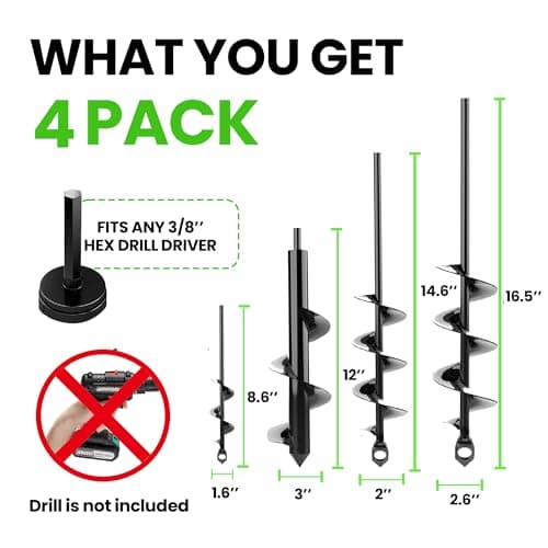 K-Brands Auger Drill Bit for Planting 2 Pack 1.6 x 16 Inch & 3.5 x 16 Inch Set – Garden Spiral Hole and Bulb Planter Tool for Umbrella Holes - Compatible with 3/8 Inch Hex Drive