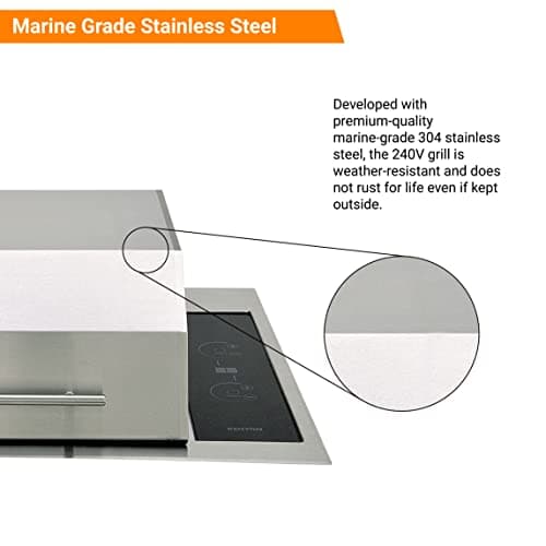 Kenyon Texan Built-In Electric Grill for Stone Counter, Standard Lite-Touch, Stainless Steel Grill with Split Lid for Indoor and Outdoor Use, 2 Burners, Quick Heat Up, Dishwasher Safe Grate, 240V