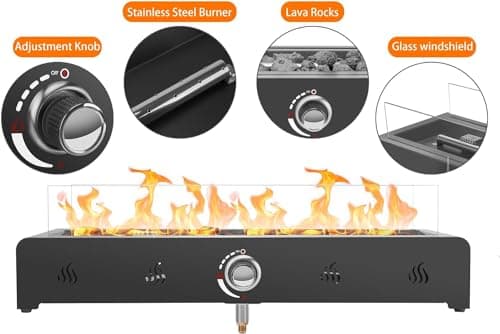 Onlyfire 28'' Tabletop Fire Pit Table, Propane Gas Firepit with Bottom Air Intake, Glass Wind Guard and Lava Rock, Outdoor Rectangular Smokeless Fireplace