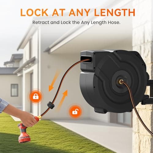 NEOTEC Retractable Garden Hose Reel 5/8 inch x 90ft - Wall Mounted Heavy Duty Hose Reel with 3/4 Inch Brass Fittings & 9-Pattern Nozzle - Auto Rewind System, Any Length Lock, 180° Swivel Bracket