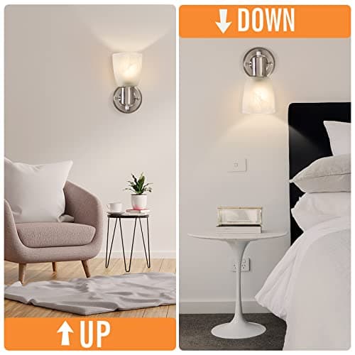 Wall Sconces Set of 2, Brushed Nickel Vanity Lights for Bathroom, Modern Wall Light Fixtures with Rotary Switch, Wall Mount Light with Frosted Glass, Farmhouse Wall Lamp for Bedroom Living Room