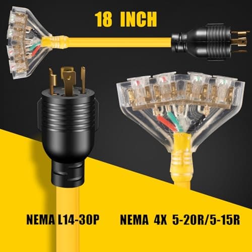 30 Amp to 110 Outdoor Generator Adapter Power Cord, 4 Prong Locking 30 Amp to 15 Amp Generator Adapter, NEMA L14-30P Male to 4X 5-20R T-Blade Female with Dust Protection Caps, 1.5FT