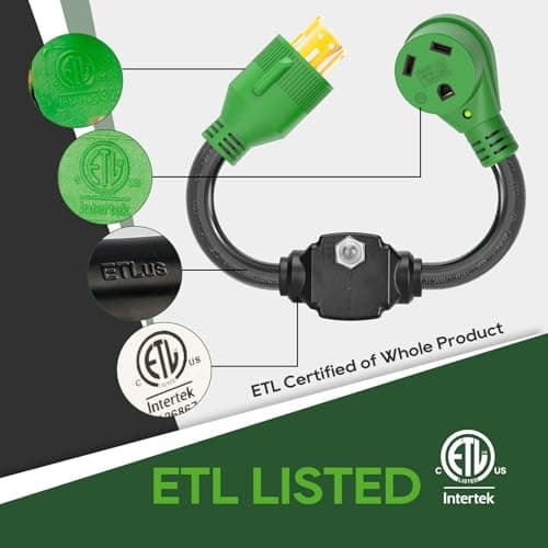RVGUARD Overload Protector 30 Amp Generator to RV Adapter Cord with Circuit Breaker, NEMA L14-30P to NEMA TT-30R Electrical Power Adapter with LED Power Indicator, 18 Inch, Green, ETL Listed