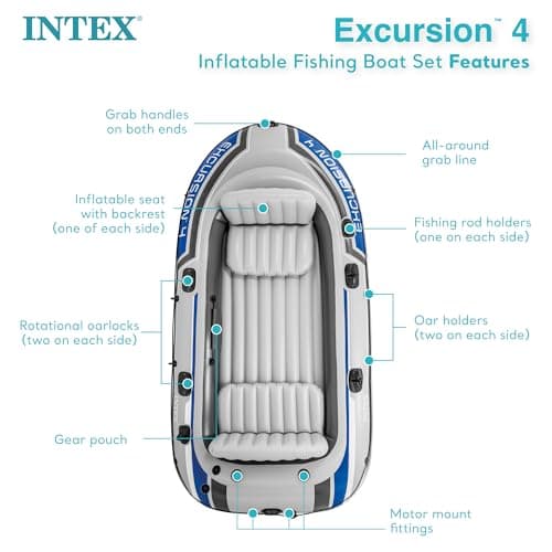 INTEX Excursion Inflatable Boat Series: Includes Deluxe 54in Boat Oars and High-Output Pump – SuperTough PVC – Adjustable Seats with Backrest – Fishing Rod Holders – Welded Oar Locks