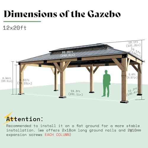 AMERLIFE 12x20 ft Hardtop Gazebo, Solid Wood Gazebo with Iron Double Roof, Outdoor Pergola with Wood Frame for Garden, Porch, Patio, Charcoal Gray + Brown Gray