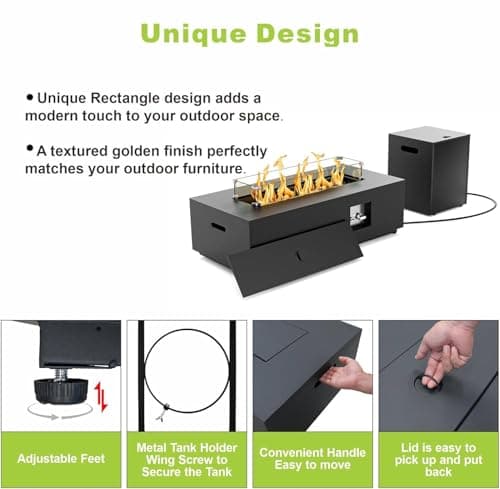 42" Rectangular Propane Fire Pit table 50,000 BTU Fireplace Table with Wind Guard, Lid, Rocks and Cover - Fire Pits & Outdoor Fireplaces - Gas Fire Pits for Outside Patio (Black, 42" Standard)