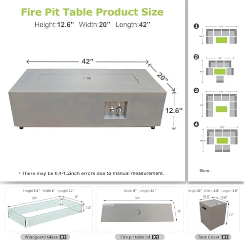42" Modern Fire Pit Table with LED Light 50,000 BTU Deck Fire Pit Table Includes Wind Guard, Lid, Rocks & Cover - Propane Gas Patio Fireplace, Chimenea para Patio (Grey/Golden Light, 42" LED)