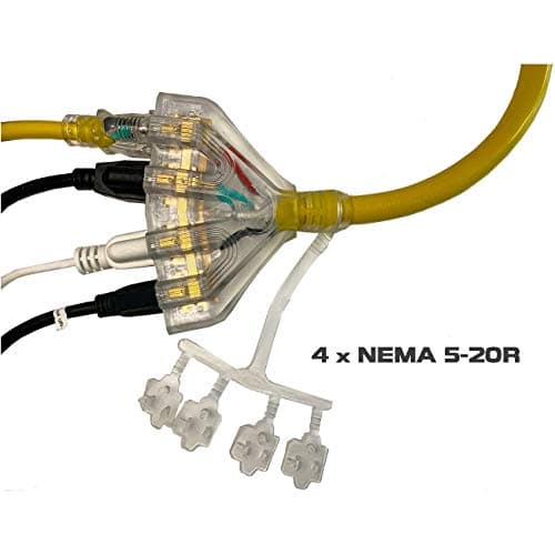50Ft L14-30P to Four 5-20R, 4 Prong Generator Distribution Extension Power Cord, 30 Amp 125/250V 7500 Watts, 10 Gauge SJTW Cable… (50 FT)