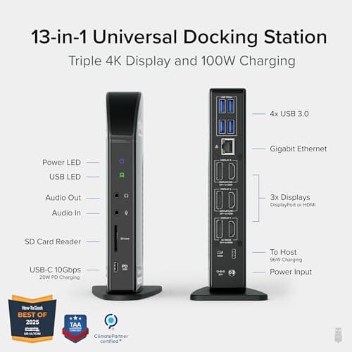 Plugable 13-in-1 USB C Docking Station 4K Triple Monitor with 100W Power Delivery | USB C Dock for Windows, Mac, ChromeOS, Thunderbolt | Driver Required | 3X HDMI and 3X DisplayPort (UD-ULTC4K)