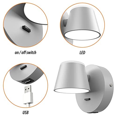 URSOLA Wall Light LED Wall Sconce with On/Off Switch USB Charging Port 110 Volt Hardwired Wall Lamp 350 Rotatable Up Down Sconces Wall Lighting (Grey)