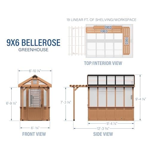 Backyard Discovery Bellerose 9' x 6' Cedar Wood and Polycarbonate Walk-in Greenhouse Kit with Pergola, Exhaust Fan, Windows, Hose Hook-Ups, PowerPort, Staging Shelves for Year-Round Outdoor Gardening