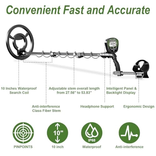 Metal Detector for Adults Professional, Higher Accuracy Gold and Silver Detector, Metal Detector Waterproof Pinpoint, Bigger LCD, 5 Mode, 10" IP68 Coil, New Advanced DSP Chip, Green