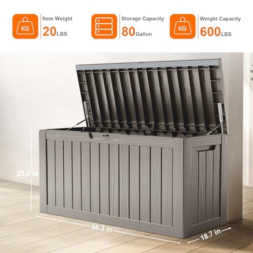 80 Gallon Resin Deck Box, Lockable Patio Outdoor Storage Box for Furniture, Garden Tools and Tools Storage, Waterproof Outside Storage Boxes - Grey
