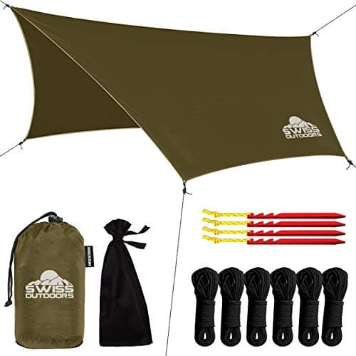 Rain Fly Tarp | Waterproof Tent Shelter Canopy | Lightweight Easy Setup for Hammock, Backpacking or Camp Gear | Premium Quality 12 x 9 ft |, Green Army