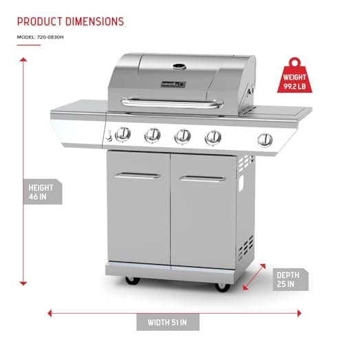 Nexgrill 4-Burner Propane Gas Grill in Stainless Steel with Side Burner, 60000BTUs, 626 sq. in. Cooking Space, Perfect for Outdoor Cooking & Grilling, Patios, BBQ, Backyards, Silver, 720-0830H