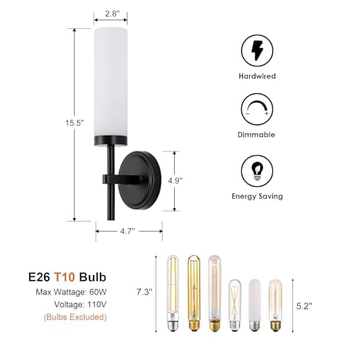 Black Bathroom Wall Sconces Set of 2, Modern Sconces Wall Lighting Vanity Lights with Opal White Glass Shade, Farmhouse Wall Mount Lamp for Mirror Living Room Bedroom Hallway Kitchen Stairs