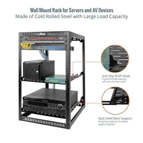 Tecmojo 20U Open Frame Network Rack for IT & AV Gear, Black, Alloy Steel, Rack Mount, Wall Floor Mount, Compatible with Networking Devices, Servers, IT Equipment