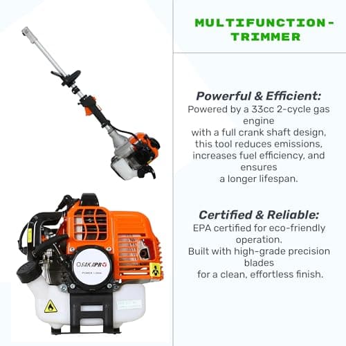 33cc 2-Cycle Gas Multi-Trimmer | 4-in-1 String Trimmer w/Rotatable Pole Saw, Weed Eater Weed Wacker, Brush Cutter & Hedge Trimmer Gas for Lawn, Yard, Garden Care, All-in-one Garden Tool