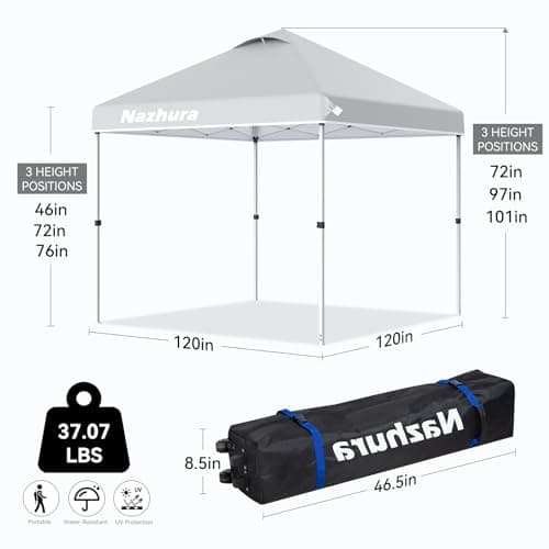 Nazhura 10' x 10' Pop Up Canopy Tent with Sand Weight Bag, Freestanding Sun Shelter for Picnic and Camping, One Person Setup and Height Adjustable (White)