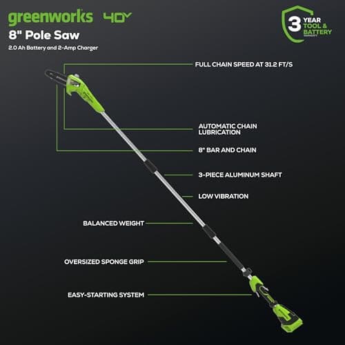 Greenworks 40V 8-Inch Cordless Polesaw, 2.0Ah Battery and Charger Included PS40B210