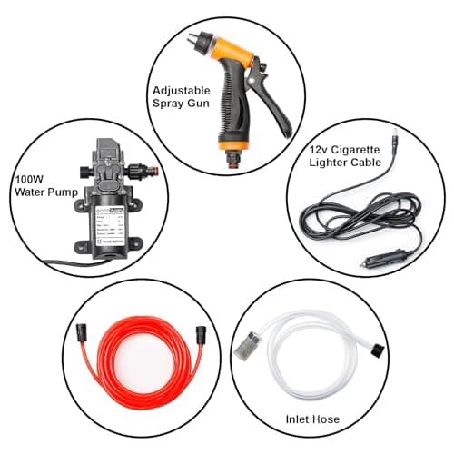Portable Intelligent Electric Pressure Washer Pump 100W 160 PSI 12V Portable Pressure Powerful Washing Kit with 21.3 Feet PVC Hose for Home, Car, Garden, Projects (100 W-Black Hose)