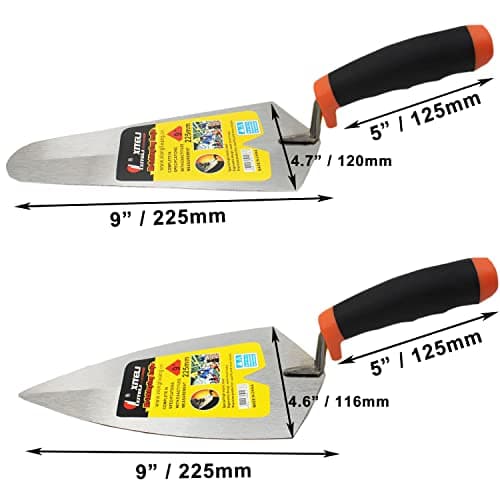 2 Pcs Masonry Hand Tool Set, 9" Pointing and Gauging Trowel Set with Soft Grip Handle, Margin Trowel for Bricklaying