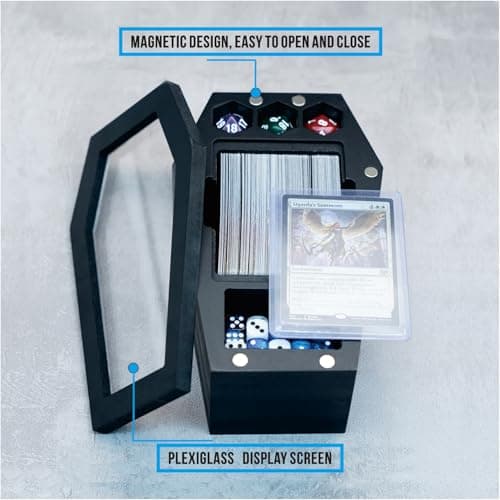 Card Deck Box with Dice Tray, Glass Casket Deck Box Compatible with MTG, TCG and Sports Cards, Handcrafted Wooden Deck Holder for EDH Commander Deck, Detachable Command Zone and Top Loader