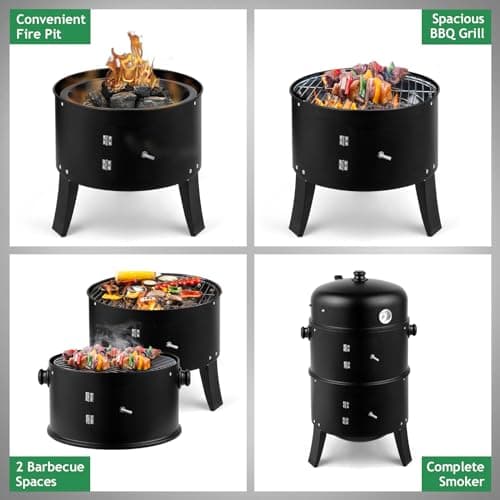 16 Inch Charcoal BBQ Smoker Grill,3-in-1 Portable Vertical Grill Cooker with Built-in Thermometers & Adjustable Vent Systems for Outdoor Backyard Cooking, Camping & Patio Parties