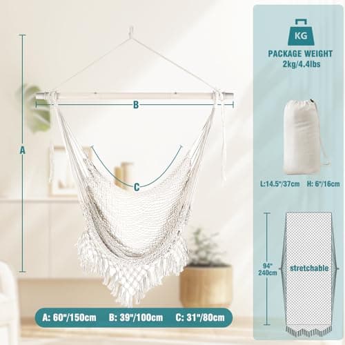 Chihee Hammock Chair Super Large Hanging Chair Soft-Spun Cotton Rope Weaving Chair, Collapsible Strong Metal Spreader Bar Wide Seat Lace Stretch Swing Chair Indoor Outdoor Garden Yard Theme Decoration