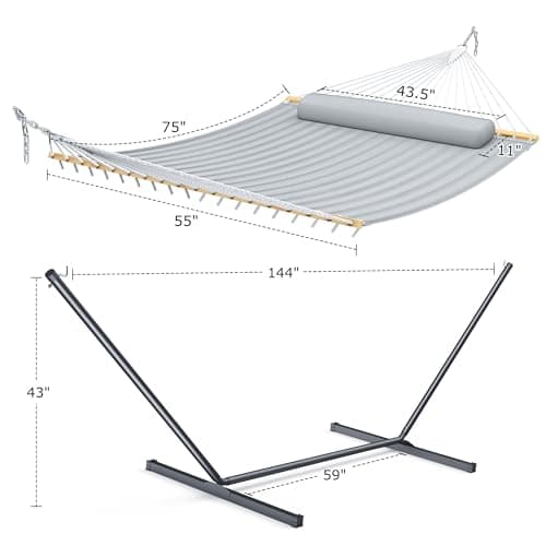 Double Hammock with Stand for Outdoor, Heavy Duty Portable Hammock with Adjustable Steel Stand for Patio, Garden, Beach, Backyard - Includes Carrying Bag,Dark Grey