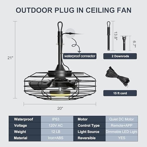 Outdoor Ceiling Fans with Light for Patios, 20'' Wet Rated Gazebo Fan Remote&APP Control, Dimmable Hanging Fan with Plug in Cord for Pergola, Black
